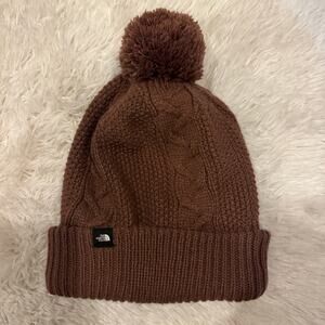 The North Face Womens Cable Minna Pom Beanie Purple Brown Fleece Lined One Size